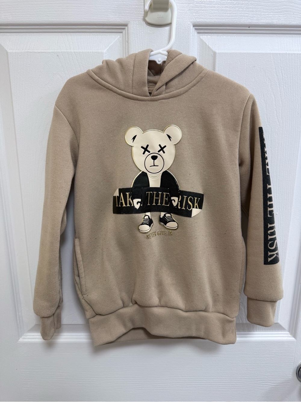 Beige Kids Hoodie with Bear Graphic, Size 4
